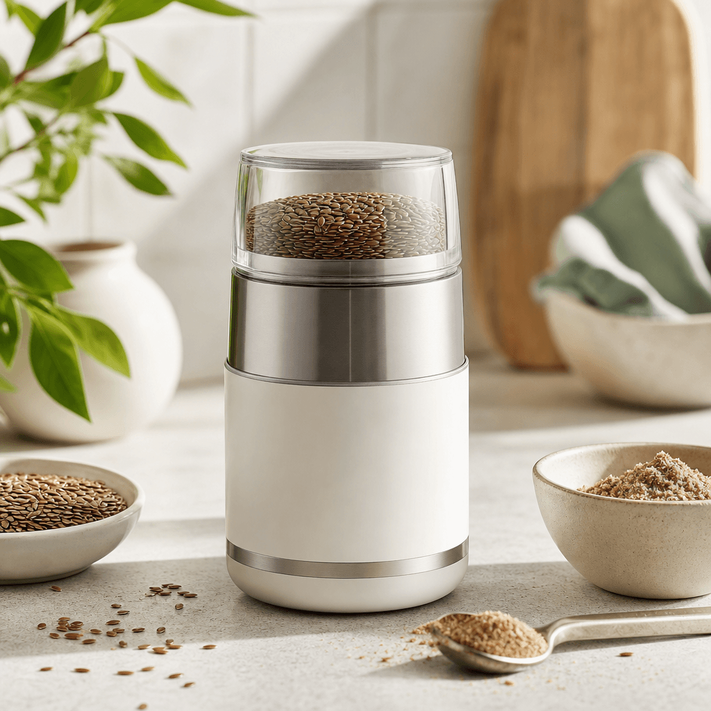 Electric Flax Grinder: Concept visual; final product photo pending physical sample confirmation.